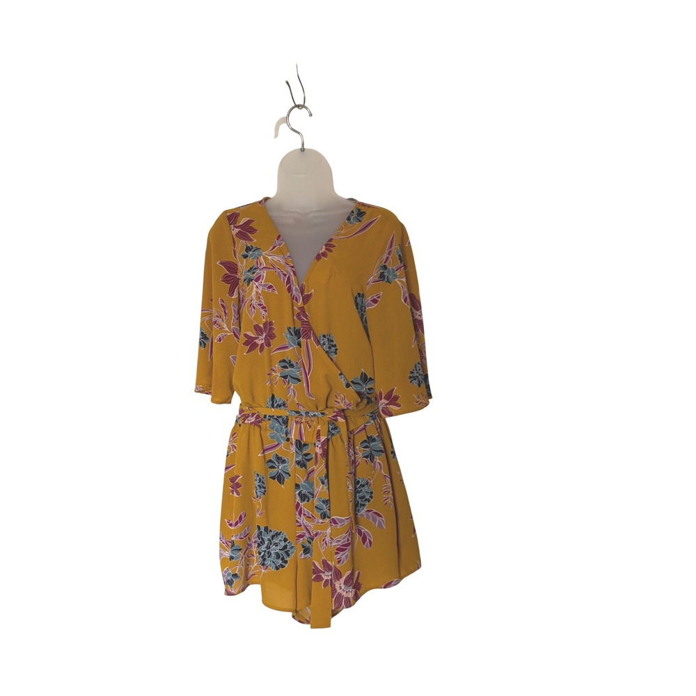 Shyanne Mustard Yellow Floral Wrap Front Romper Large Western Boho Short‎ Sleeve